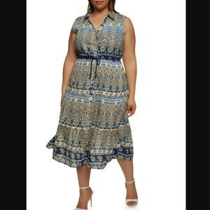 New NWT Mlle Gabrielle Women's 3X Collared Sleeveless Midi Shirtdress